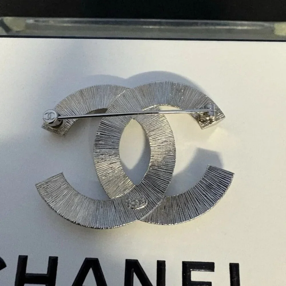 Chanel 22V Crystal CC Brooch Large Silver Baguette Rhinestone Pin with Box